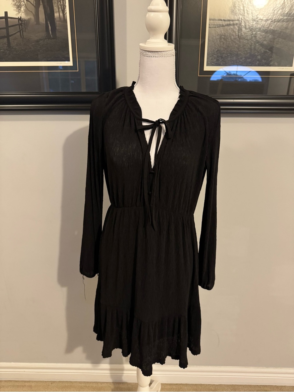 Mango Black Long-Sleeve Tie-Neck Mini Dress